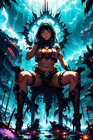 A fat girl lay lazily on a throne made of tentacles. She propped her head up on one hand and looked straight ahead. Fluorescent green eyes sparkled in the darkness, contrasting sharply with her all-black skin and the streaks radiating from her body. Her body is translucent, revealing the glow of a huge red core on her chest. The internal forces are constantly splitting and merging, releasing powerful destructive power. Azathoth.

Surrounded by countless invisible dancers, they play invisible flutes to an unsettling monotony. These chaotic voices are trying to maintain Azathoth's calm.

It all takes place against a turbulent backdrop: volcanic eruptions, thunder and blizzards combine to create a scene that is both chaotic and mysterious.