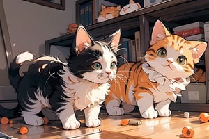 A cat, a fat and cute orange cat, and the ground began to shake. The kitten jumped up in surprise, its hair stood on end, the cat looked nervous and panicked, and objects fell in the room in the background