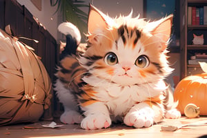 A cat, a fat and cute orange cat, A cat, a fat and cute orange cat, and the ground began to shake. The kitten jumps up in surprise, its fur stands on end, and objects in the room in the background fall