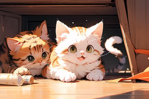 A cat, a fat and cute orange cat, and the ground began to shake. The kitten jumped up in surprise, its hair stood on end, the cat looked nervous, and objects in the room in the background fell