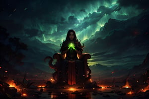 A plump girl lay lazily on a throne made of tentacles. She supported her head with one hand and looked straight ahead. Her fluorescent green eyes glowed in the darkness, contrasting sharply with her all-black skin and radiating stripes on her body. Her body is translucent, revealing the light of the huge red core on her chest. The internal energy is constantly splitting and merging, releasing powerful destructive power.

Surrounded by countless invisible dancers, they play invisible flutes that emit an unsettling monotone. The other gods were howling wildly, making blasphemous and unclean whispers, and the rough tambourines in their hands were beating fast, all of these chaotic sounds were trying to maintain Azathoth's calm.

It all takes place against a turbulent backdrop: volcanic eruptions, thunder and blizzards intertwine to create a scene that is both chaotic and mysterious.