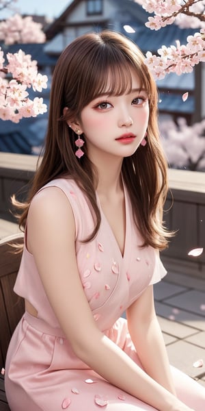 Masterpiece, excellent quality, light particles, 1girl, solo, (sitting:1.3), long hair, looking at viewer, blush, (bangs), hair ornament, jewelry, pink eyes, hime cut, blonde straight hair, earrings, parted lips, blurry, lips, (evening:1.1), eyelashes, portrait, light particles, city in background, (stunning image:1.3), (sakura petals in air:1.3), cowboy shot, Light 