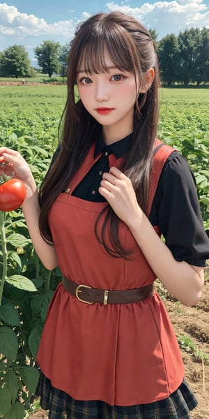 A young farm girl with red, in her farming costume, harvests tomato, (bangs), Light 