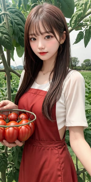 A young farm girl with red, in her farming costume, harvests tomato, (many tomato:1.3), (bangs), Light 