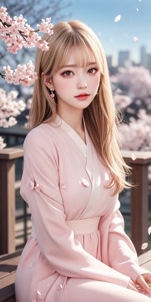 Masterpiece, excellent quality, light particles, 1girl, solo, (sitting:1.3), long hair, looking at viewer, blush, (bangs), hair ornament, jewelry, pink eyes, hime cut, blonde straight hair, earrings, parted lips, blurry, lips, (evening:1.1), eyelashes, portrait, light particles, city in background, (stunning image:1.3), (sakura petals in air:1.3), cowboy shot, Light 