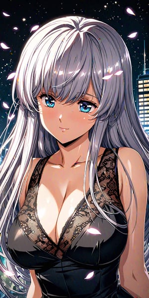 Masterpiece, best quality, 1girl, solo, (colorful), (finely detailed beautiful eyes and detailed face), vcinematic lighting, bust shot, extremely detailed CG, unity 8k wallpaper, long hair, white hair, (bangs), big breasts, smile, transparent white lace dress, cleavage, ((flying petal)), (flowery meadow), sky, cloudy sky, building, moonlight, moon, night, (dark theme:1.3), light, fantasy, more detail XL