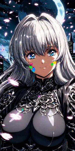 Masterpiece, best quality, 1girl, solo, (colorful), (finely detailed beautiful eyes and detailed face), vcinematic lighting, bust shot, extremely detailed CG, unity 8k wallpaper, long hair, white hair, (bangs), big breasts, smile, intricate skirt,((flying petal)), (flowery meadow), sky, cloudy sky, building, moonlight, moon, night, (dark theme:1.3), light, fantasy, more detail XL