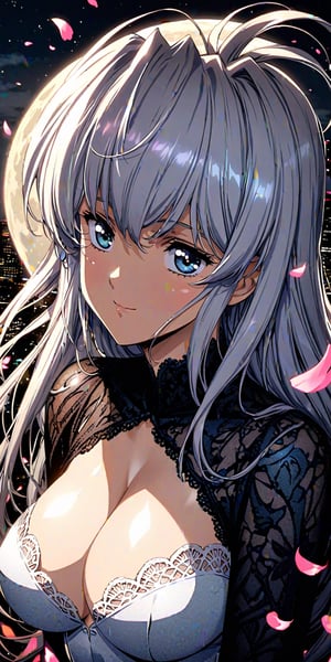 Masterpiece, best quality, 1girl, solo, (colorful), (finely detailed beautiful eyes and detailed face), vcinematic lighting, bust shot, extremely detailed CG, unity 8k wallpaper, long hair, white hair, (bangs), big breasts, smile, transparent white lace dress, cleavage, ((flying petal)), (flowery meadow), sky, cloudy sky, building, moonlight, moon, night, (dark theme:1.3), light, fantasy, more detail XL