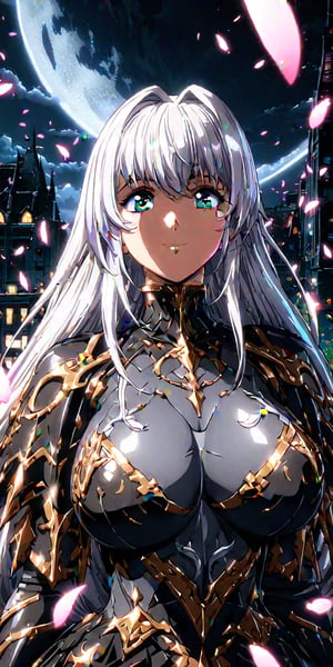 Masterpiece, best quality, 1girl, solo, (colorful), (finely detailed beautiful eyes and detailed face), vcinematic lighting, bust shot, extremely detailed CG, unity 8k wallpaper, long hair, white hair, (bangs), big breasts, smile, intricate skirt,((flying petal)), (flowery meadow), sky, cloudy sky, building, moonlight, moon, night, (dark theme:1.3), light, fantasy, more detail XL