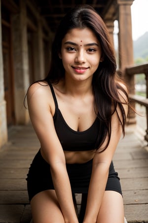 (full body), indian school girl ultra high quality, photography, k, ultra hd, beautiful, attractive supermodel, sporty, slim college girl, sensually smiling, symmetric face, symmetric eyes, analog style, full body photograph, redhaired girl wearing an elegant black evening dress, long long long red hair, bright black hair