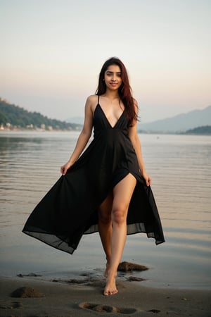 (full body), indian muslim girl ultra high quality, photography, k, ultra hd, beautiful, attractive supermodel, sporty, slim college girl, sensually smiling, symmetric face, symmetric eyes, analog style, full body photograph, redhaired girl wearing an elegant black evening dress, long long long red hair, bright black hair