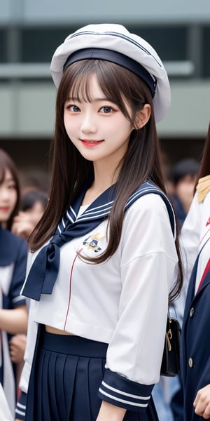 masterpiece, best quality, high resolution, japanese girl, (hat, sailor suit), black hair, brown eyes, smile, blush, brushed, locker, in front of crowd, looking at viewer, personal focus, light
