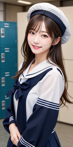 masterpiece, best quality, high resolution, japanese girl, (hat, sailor suit), black hair, brown eyes, smile, blush, brushed, locker, in front of crowd, looking at viewer, personal focus, light