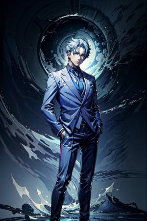 Man, blue car, moon, popular fashion, soft shading, suit without tie, wallpaper, wriothesley, Hands in pockets