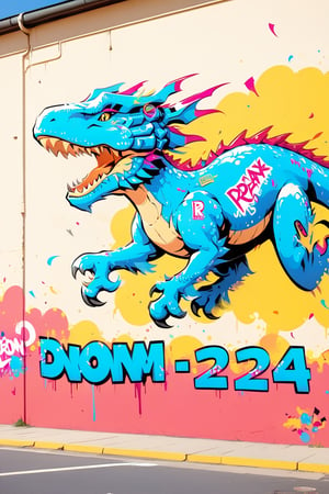 DonMW15pXL, cyborg style, graffiti of a running t-rex dinosaur, graffiti on a wall, noon, masterpiece, wallpaper, English letters,sticker,DragonConfetti2024_XL
