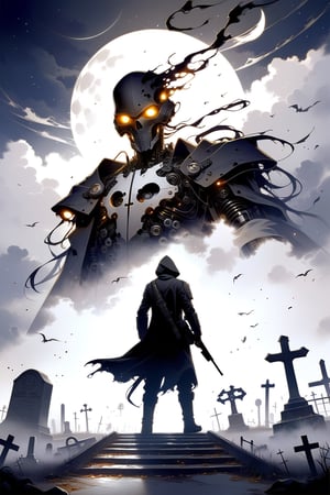 DonMW15pXL, cyborg style, soldier, soldier with gun in hand in front of the black plague, cloud and fog background, cemetery, moon, masterpiece, wallpaper, English letters