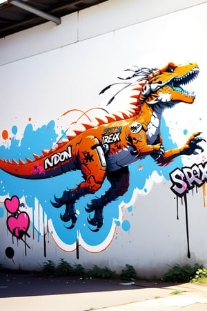 DonMW15pXL, cyborg style, graffiti of a running t-rex dinosaur, graffiti on a wall, noon, masterpiece, wallpaper, English letters,sticker,DragonConfetti2024_XL