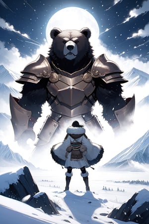 eskimo style, female warrior in fur coat, female eskimo warrior in front of big bear in armor, moon, thunder, snowy mountains background, masterpiece,style,island