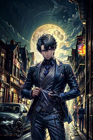 man fixing the sleeves of his jacket, in the background a city, car, fullmoon, work of art, wallpaper, soft shading, suit without tie, wriothesley