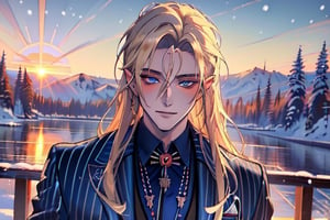 Hentai,(beautiful detailed face, beautiful detailed eyes),(((best quality,masterpiece))),(a beautiful man,(pin striped) blue suit),(Snow cover,sunrise, nature view),more detail XL,EpicSky,cloud,long blond hair,blue eyes, pointed ears, clean shaven, vampyr, vampire,1guy