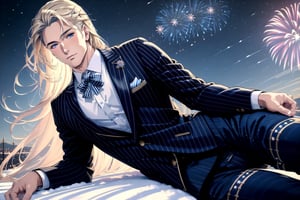 Hentai,(beautiful detailed face, beautiful detailed eyes),(((best quality,masterpiece))),(a beautiful man,(pin striped) blue suit),(Snow cover,night_sky ,fireworks, nature view),more detail XL,EpicSky,cloud,long blond hair,blue eyes, pointed ears, clean shaven