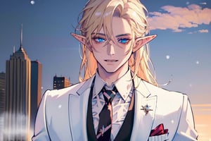 Masculine,(beautiful detailed face, beautiful detailed eyes),(((best quality,masterpiece))),(a beautiful man,(pin striped, necktie) white suit),(Snow cover,sunrise, new york city),more detail XL,EpicSky,cloud, long blond hair,blue eyes, pointed ears, elf ears, clean shaven, vampyr, vampire,1guy, chaotic expression