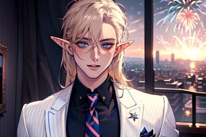 Masculine,(beautiful detailed face, beautiful detailed eyes),(((best quality,masterpiece))),(a beautiful man,(pin striped, necktie) white suit),(Snow cover, fireworks, sunset, cityscape),more detail XL,EpicSky,cloud, long blond hair,blue eyes, pointed ears, elf ears, clean shaven, vampyr, vampire,1guy, charming expression, 3/4th view, Void volumes