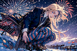 Hentai,(beautiful detailed face, beautiful detailed eyes),(((best quality,masterpiece))),(a beautiful man,(pin striped) blue suit),(Snow cover,night_sky ,fireworks, nature view),more detail XL,EpicSky,cloud,long blond hair,blue eyes, pointed ears, clean shaven, vampyr, vampire