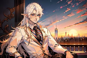 Masculine,(beautiful detailed face, beautiful detailed eyes),(((best quality,masterpiece))),(a beautiful man,(pin striped, necktie) white suit),(Snow cover,sunrise, new york city),more detail XL,EpicSky,cloud, long blond hair,blue eyes, pointed ears, elf ears, clean shaven, vampyr, vampire,1guy, chaotic expression,nodf_lora
