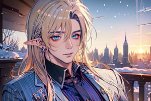 Hentai,(beautiful detailed face, beautiful detailed eyes),(((best quality,masterpiece))),(a beautiful man,(pin striped) blue suit),(Snow cover,sunrise, new york city),more detail XL,EpicSky,cloud,long blond hair,blue eyes, pointed ears, elf ears, clean shaven, vampyr, vampire,1guy