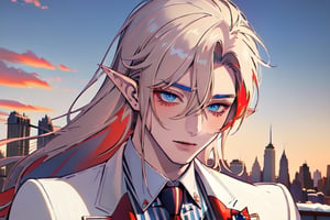 Hentai,(beautiful detailed face, beautiful detailed eyes),(((best quality,masterpiece))),(a beautiful man,(pin striped, necktie) white suit),(Snow cover,sunrise, new york city),more detail XL,EpicSky,cloud, (red and blue streaks) long blond hair,blue eyes, pointed ears, elf ears, clean shaven, vampyr, vampire,1guy