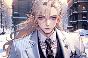 Masculine,(beautiful detailed face, beautiful detailed eyes),(((best quality,masterpiece))),(a beautiful man,(pin striped, necktie) white suit),(Snow cover,sunrise, new york city),more detail XL,EpicSky,cloud, long blond hair,blue eyes, pointed ears, elf ears, clean shaven, vampyr, vampire,1guy, chaotic expression, 3/4th view, nodf_lora,Void volumes