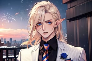 Masculine,(beautiful detailed face, beautiful detailed eyes),(((best quality,masterpiece))),(a beautiful man,(pin striped, necktie) white suit),(Snow cover, fireworks, sunset, cityscape),more detail XL,EpicSky,cloud, long blond hair,blue eyes, pointed ears, elf ears, clean shaven, vampyr, vampire,1guy, chaotic expression, 3/4th view, nodf_lora,Void volumes