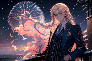 Hentai,(beautiful detailed face, beautiful detailed eyes),(((best quality,masterpiece))),(a beautiful man,(pin striped) blue suit),(Snow cover,night_sky ,fireworks, nature view),more detail XL,EpicSky,cloud,long blond hair,blue eyes, pointed ears, clean shaven, vampyr