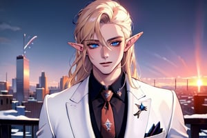 Masculine,(beautiful detailed face, beautiful detailed eyes),(((best quality,masterpiece))),(a beautiful man,(pin striped, necktie) white suit),(Snow cover, fireworks, sunset, cityscape),more detail XL,EpicSky,cloud, long blond hair,blue eyes, pointed ears, elf ears, clean shaven, vampyr, vampire,1guy, charming expression, 3/4th view, nodf_lora,Void volumes