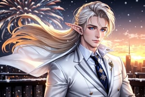 Masculine,(beautiful detailed face, beautiful detailed eyes),(((best quality,masterpiece))),(a beautiful man,(pin striped, necktie) white suit),(Snow cover, fireworks, sunset, cityscape),more detail XL,EpicSky,cloud, long blond hair,blue eyes, pointed ears, elf ears, clean shaven,1guy, charming expression, 3/4th view, Void volumes