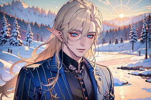 Hentai,(beautiful detailed face, beautiful detailed eyes),(((best quality,masterpiece))),(a beautiful man,(pin striped) blue suit),(Snow cover,sunrise, nature view),more detail XL,EpicSky,cloud,long blond hair,blue eyes, pointed ears, elf ears, clean shaven, vampyr, vampire,1guy