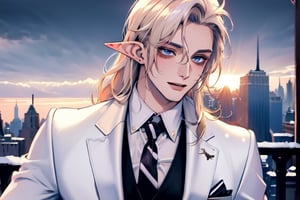 Masculine,(beautiful detailed face, beautiful detailed eyes),(((best quality,masterpiece))),(a beautiful man,(pin striped, necktie) white suit),(Snow cover,sunrise, new york city),more detail XL,EpicSky,cloud, long blond hair,blue eyes, pointed ears, elf ears, clean shaven, vampyr, vampire,1guy, chaotic expression,nodf_lora,Void volumes