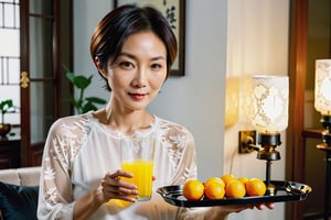 A forty-year-old Chinese woman with short hair, wearing a thin white loose white shirt and black lace underwear, is holding a glass of lamp juice on a tray in the living room. 