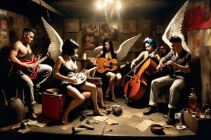 two winged female angels and two male horned demons make up a Jazz Band, playing music in a dimly lit slum, chiaroscuro, broken bottles on the floor, smoke, ultra detailed, high resolution, Brian M. Viveros