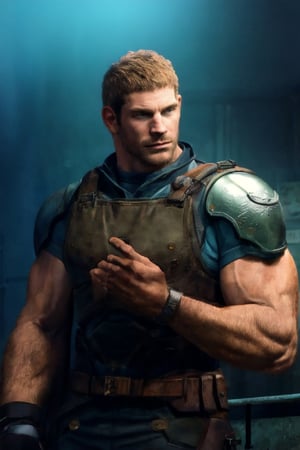 1_boy, solo, looking at viewer, short hair, brown hair, 1boy, upper body, male focus, grey shirt, facial hair, shoulder armor, realistic, masculine, muscular, large pecs, arm hair, manly, handsome, charming, alluring, perfect eyes, perfect anatomy, perfect proportions, (perfecteyes) perfect anatomy, perfect proportions, best quality, masterpiece, high_resolution, dutch angle, cowboy shot, photo background, perfect hands, perfect fingers, intricate details,photorealistic,Anime,chris-rev,Pixel art