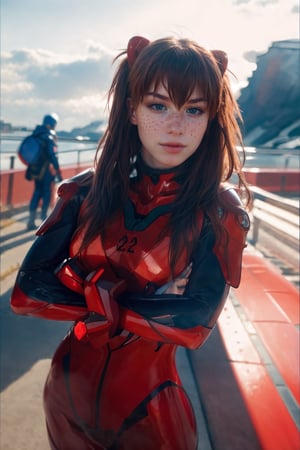 4K, 8K, (Masterpiece, best quality:1.2), blue eyes, perfect face, cosplay, professional photo, photo, photorealism, ((red armor)), modelshoot style, portrait of shirogane, red plugsuit, feminine, (girl),  ((cyberpunk landscape)), (narrow waist), upper body, face shot, very small breasts, shirogane asuka cosplay, round butt