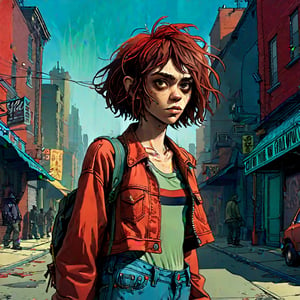 A girl standing in the street, she a short wavy messy bob cut, her her is red, facing the camera, more detail XL, (((in the style of gorillaz 2d artwork)))