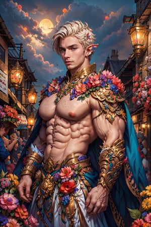 1man ,  freckles face ,at night in the city  ,blue eyes , short white hair , kawaii ,elf ears,flower4rmor,thicc