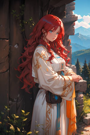 a gipsy girl, long red hair,  in a mountain, high quality, high resolution, high precision, realism, color correction, proper lighting settings, harmonious composition, girl, ancient gipsy clothes