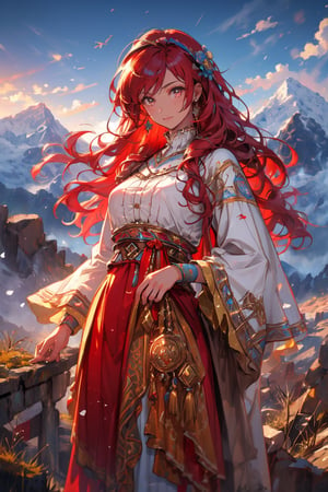 a gipsy girl, long red hair, high quality, high resolution, high precision, realism, color correction, proper lighting settings, harmonious composition, girl, ancient gipsy clothes, in a mountain