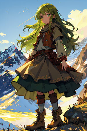 a gipsy girl, long green hair,  in a mountain, high quality, high resolution, high precision, realism, color correction, proper lighting settings, harmonious composition, girl, ancient gipsy clothes