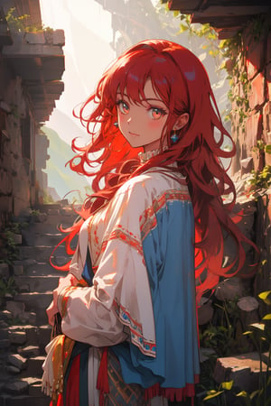 a gipsy girl, long red hair,  in a mountain, high quality, high resolution, high precision, realism, color correction, proper lighting settings, harmonious composition, girl, ancient gipsy clothes