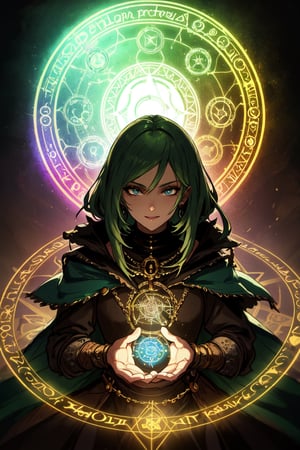 a medieval gypsy witch, with long green hair, in a magic-temporal circle, high quality, high resolution, high precision, realism, color correction, proper lighting settings, harmonious composition.,tempestmagic,Circle,Fantasy