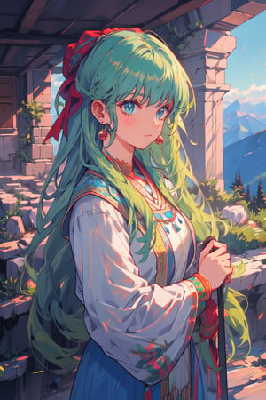 a gipsy girl, long green hair,  in a mountain, high quality, high resolution, high precision, realism, color correction, proper lighting settings, harmonious composition, girl, ancient gipsy clothes